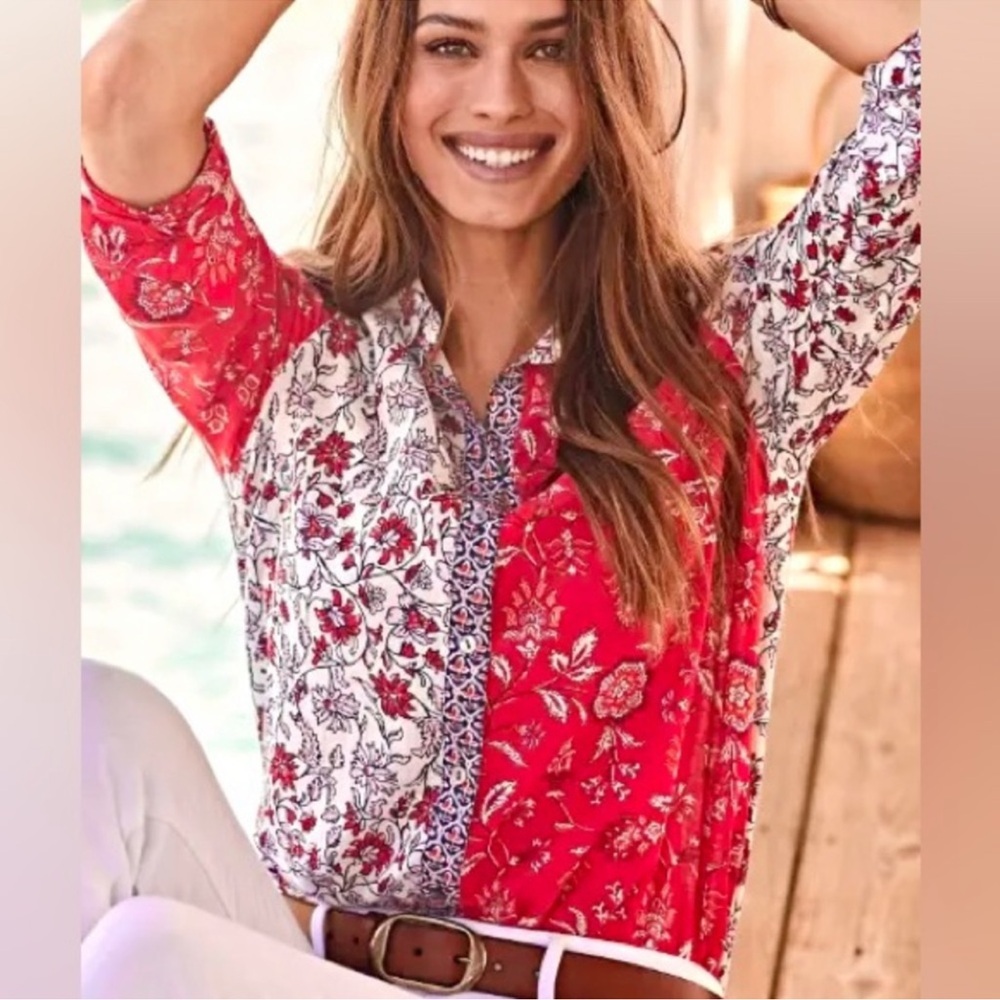 J. Jill Red and White Floral Button Down Long Sleeve Shirt Size Large Boho